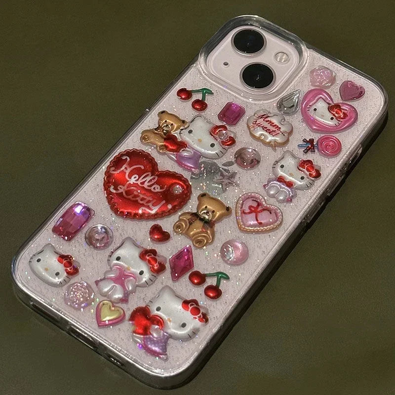 3D Cute Cartoon Sanrio Y2K Hello Kitty Sticker Bling Glitter Phone Case For iPhone 16 15 14 13 12 11 Pro Max Transparent Cover