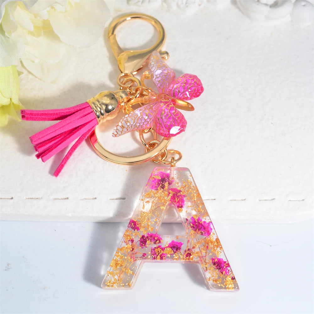 Exquisite Pink Dry Flower Resin 26 Initial Keychain