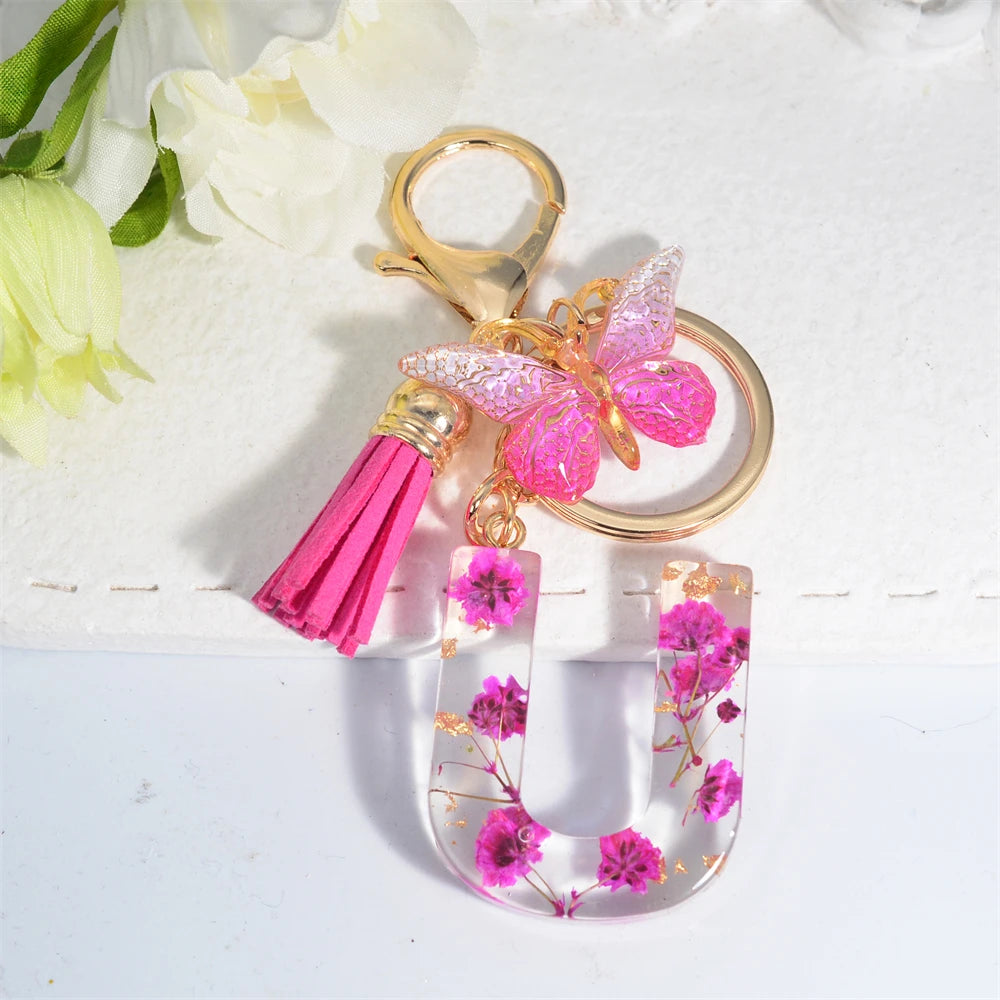 Exquisite Pink Dry Flower Resin 26 Initial Keychain