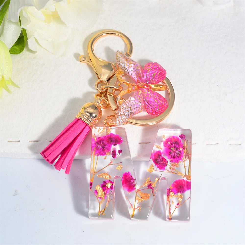 Exquisite Pink Dry Flower Resin 26 Initial Keychain