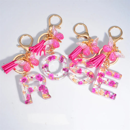 Exquisite Pink Dry Flower Resin 26 Initial Keychain