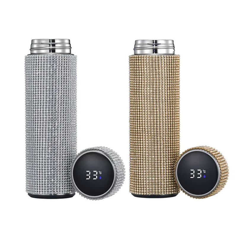 500ml Smart Temperature Display Diamond Thermos Bottle Stainless Steel Water Bottle Bling Rhinestones Vacuum Flasks Coffee Cup