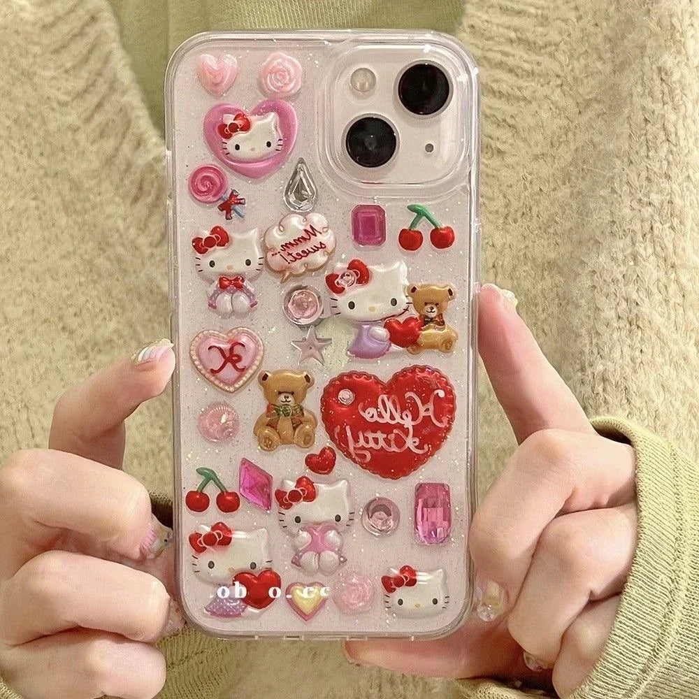 3D Cute Cartoon Sanrio Y2K Hello Kitty Sticker Bling Glitter Phone Case For iPhone 16 15 14 13 12 11 Pro Max Transparent Cover