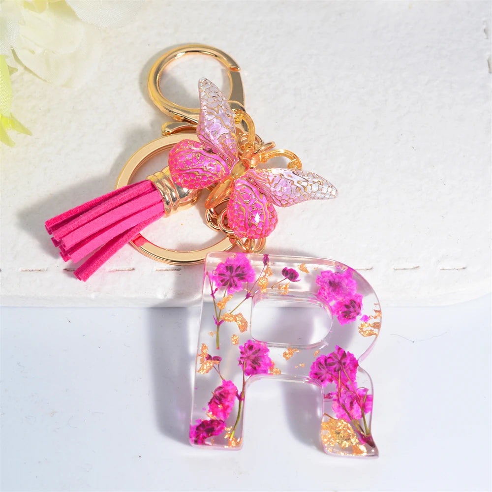 Exquisite Pink Dry Flower Resin 26 Initial Keychain