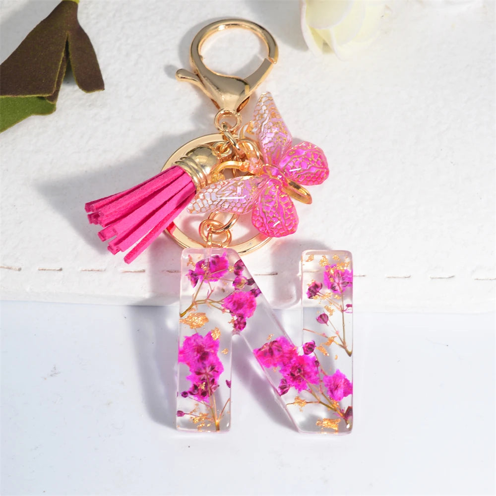 Exquisite Pink Dry Flower Resin 26 Initial Keychain