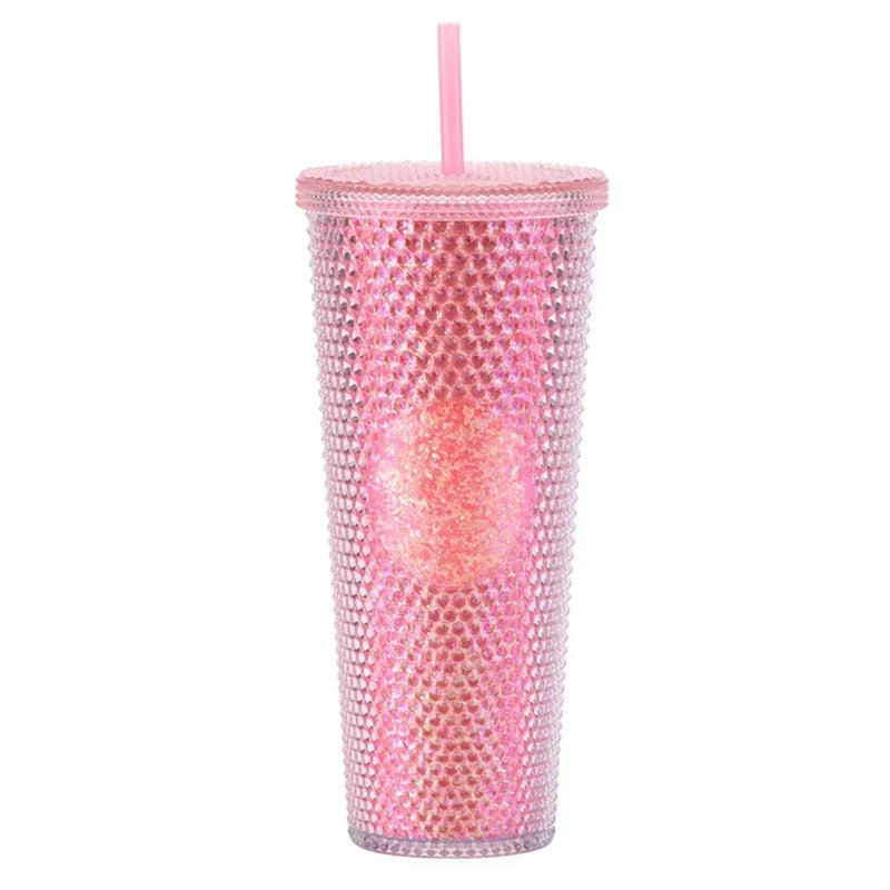 710ml Straw Cup with Lid Studded Finish Double Wall Coffee Mugs Plastic Studded Durian Tumblers Cold Bling Cup Customized