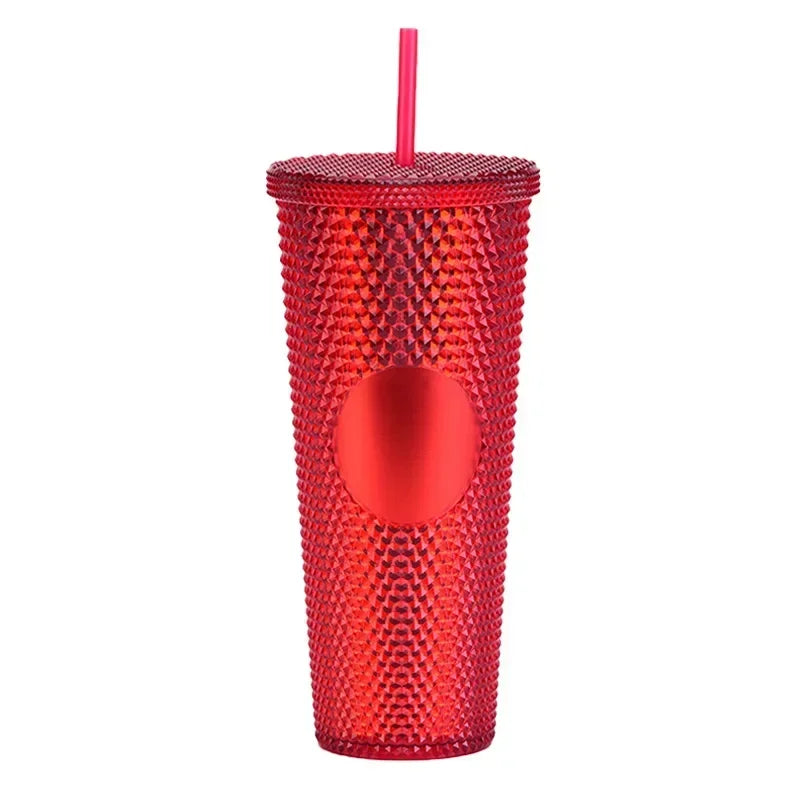 710ml Straw Cup with Lid Studded Finish Double Wall Coffee Mugs Plastic Studded Durian Tumblers Cold Bling Cup Customized