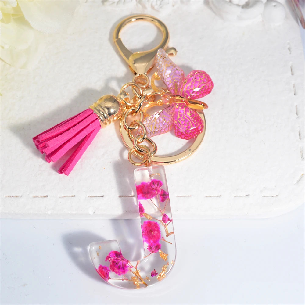 Exquisite Pink Dry Flower Resin 26 Initial Keychain