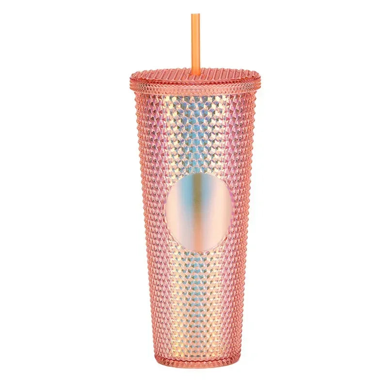 710ml Straw Cup with Lid Studded Finish Double Wall Coffee Mugs Plastic Studded Durian Tumblers Cold Bling Cup Customized