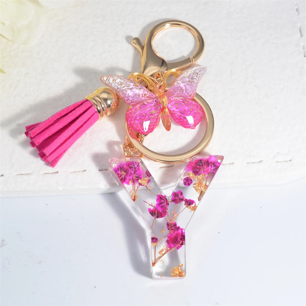 Exquisite Pink Dry Flower Resin 26 Initial Keychain