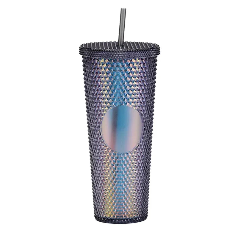 710ml Straw Cup with Lid Studded Finish Double Wall Coffee Mugs Plastic Studded Durian Tumblers Cold Bling Cup Customized