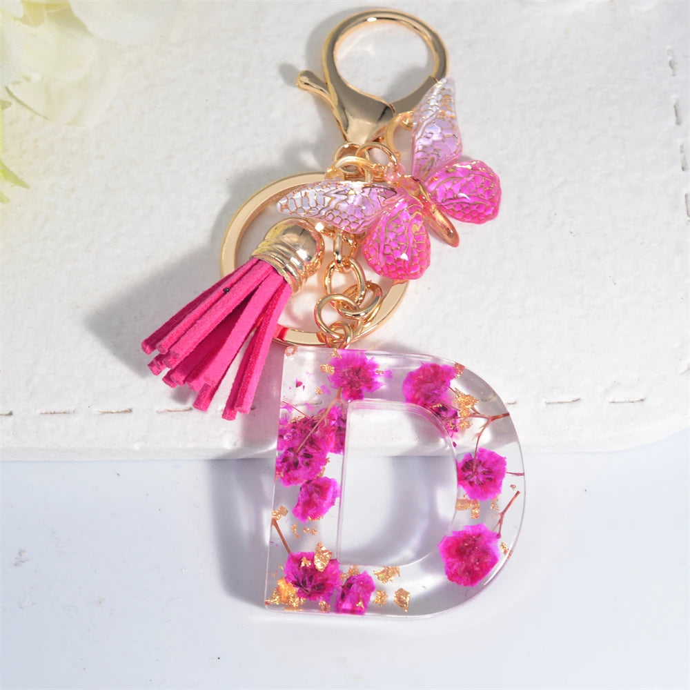 Exquisite Pink Dry Flower Resin 26 Initial Keychain