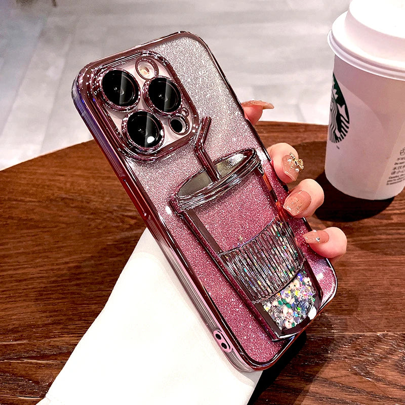 Luxury Bling Case For iPhone 16 15 14 13 12 Pro Max 15Pro 14Pro Lovely Clear Transparent Straw Cup Cover Insert Glitter Paper