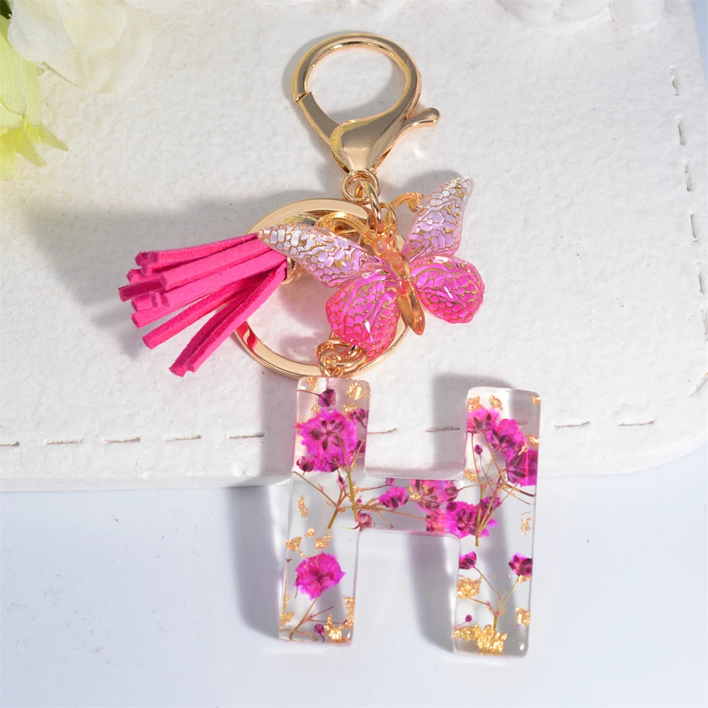 Exquisite Pink Dry Flower Resin 26 Initial Keychain