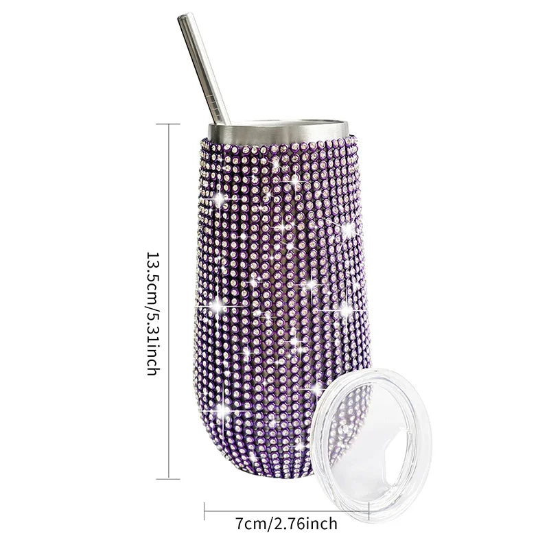 6oz Shiny Diamond Tumbler Bling Rheinstone Wine Cup With Straw Stainless Steel Insulated Vacuum Champagne Cup Mug Egg Shape