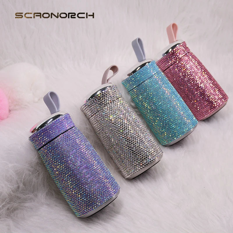 Double Stainless Steel Coffee Thermos Mug Mini Portable Bottle Car Vacuum Flask Travel Insulated Bottle Bling Cup Rhinestones