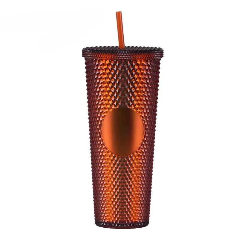 710ml Straw Cup with Lid Studded Finish Double Wall Coffee Mugs Plastic Studded Durian Tumblers Cold Bling Cup Customized