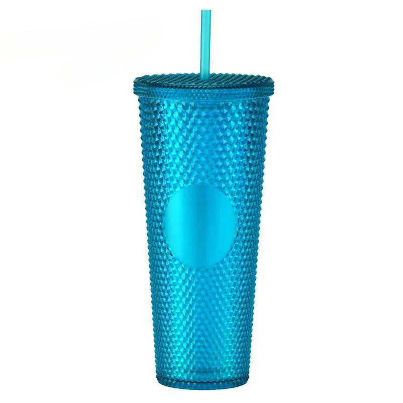 710ml Straw Cup with Lid Studded Finish Double Wall Coffee Mugs Plastic Studded Durian Tumblers Cold Bling Cup Customized