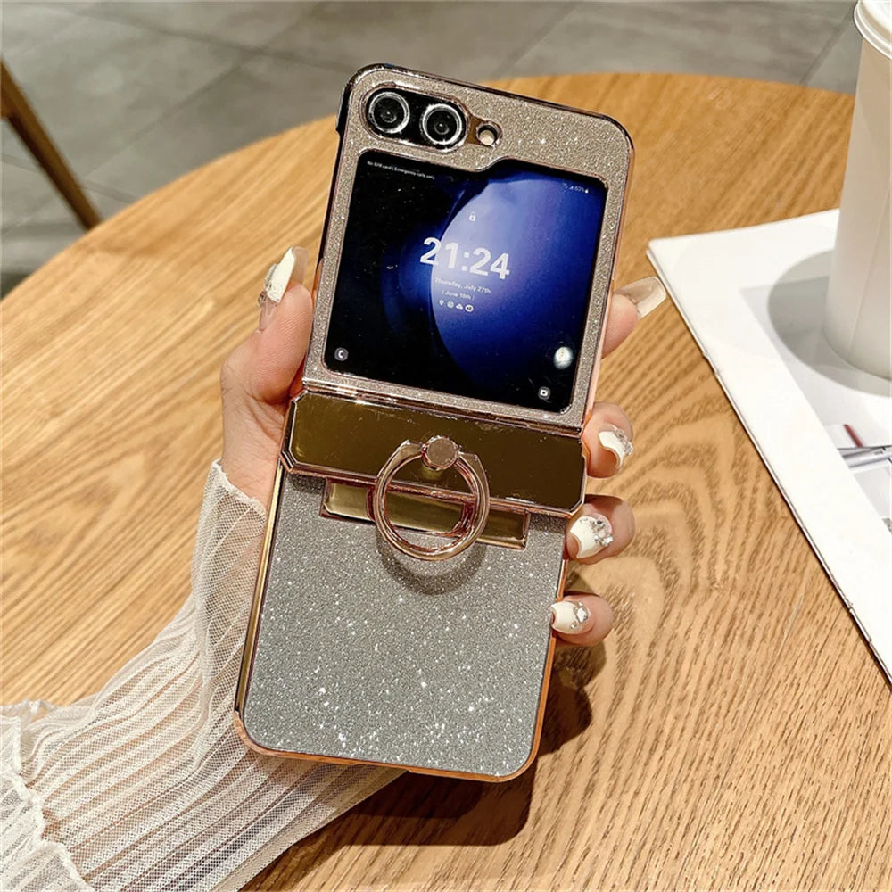 Glitter Ring Holder Stand Case for Samsung Galaxy Z Flip 5 4 3 6 ZFlip flip4 Flip5 Bracket Bling Diamond Gradient Plating Cover