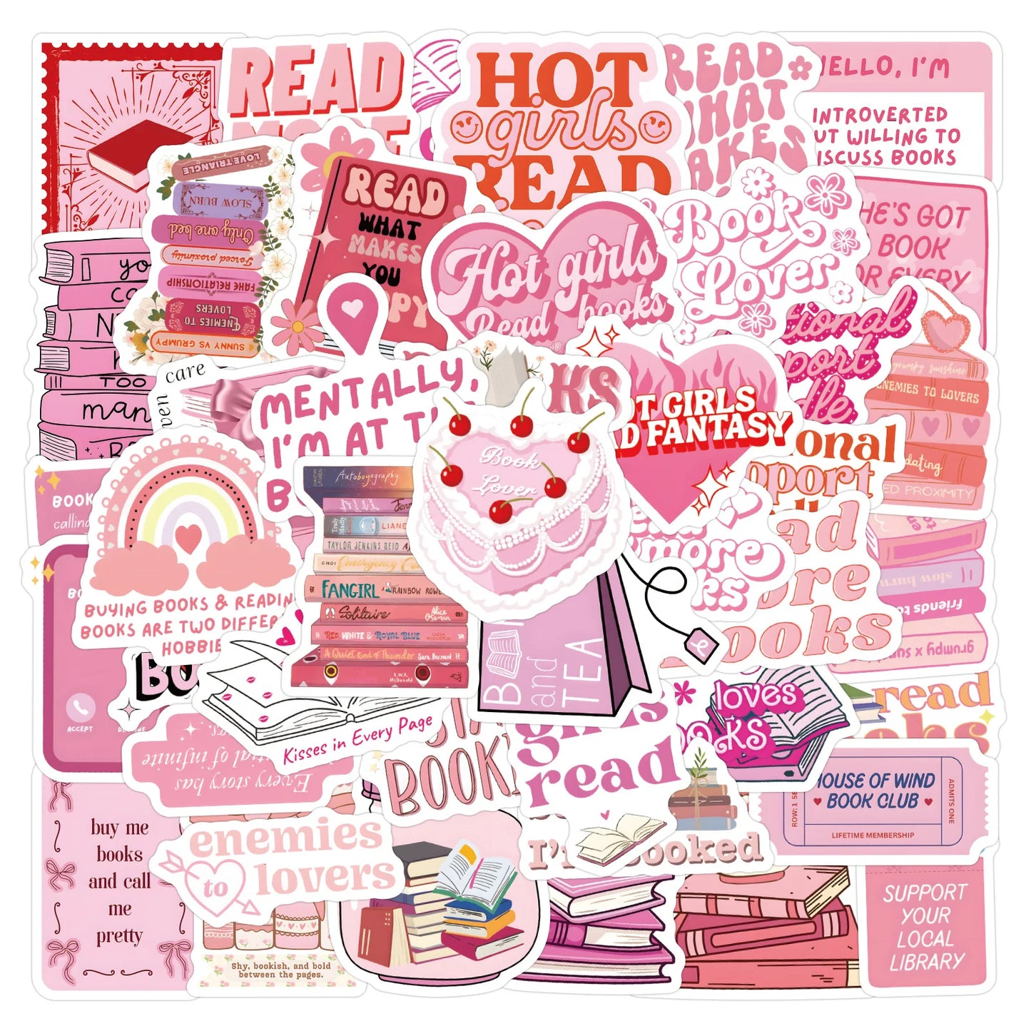 60Pcs/Set New Pink Bookish Reading Stickers Kids DIY Laptop Phone Case Water Cup Diary Graffiti Stickers Toys Gift