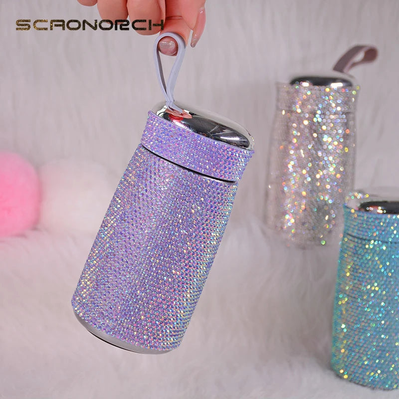 Double Stainless Steel Coffee Thermos Mug Mini Portable Bottle Car Vacuum Flask Travel Insulated Bottle Bling Cup Rhinestones