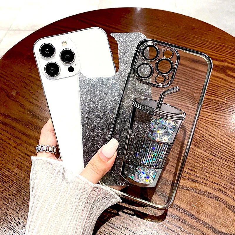 Luxury Bling Case For iPhone 16 15 14 13 12 Pro Max 15Pro 14Pro Lovely Clear Transparent Straw Cup Cover Insert Glitter Paper