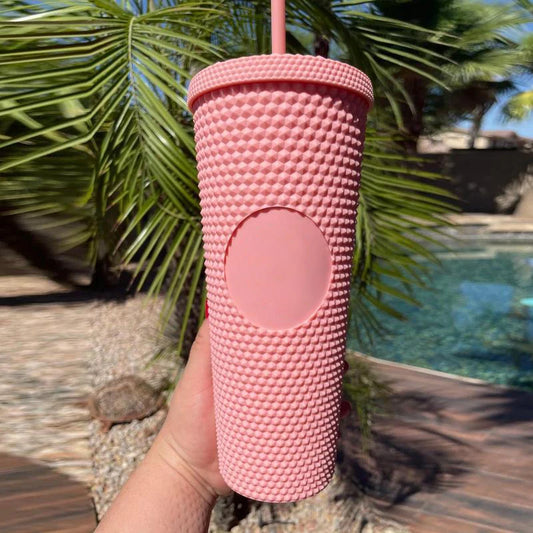 24oz/800ml Pink Coffee Cup with Straw, Double Wall Insulated Tumbler Insulated Water Bottle Bling Pink Tumbler for Girl Gifts