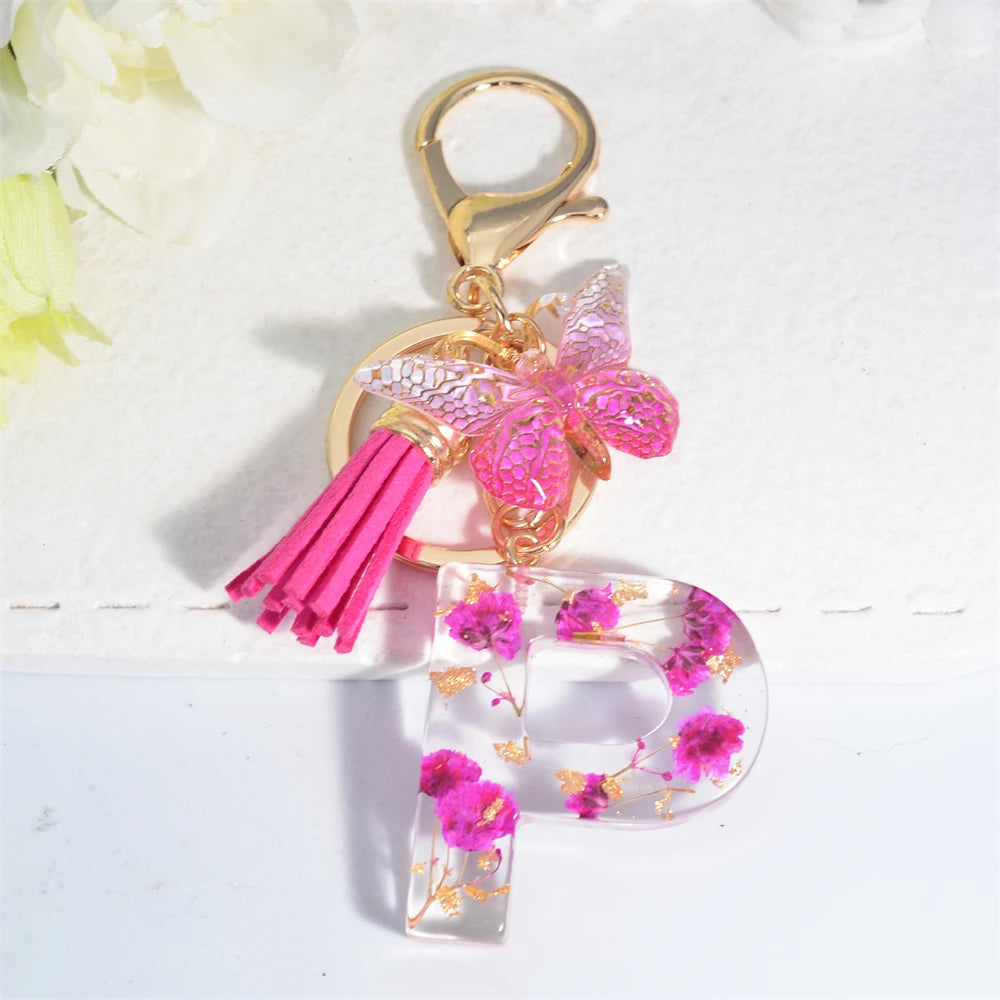 Exquisite Pink Dry Flower Resin 26 Initial Keychain