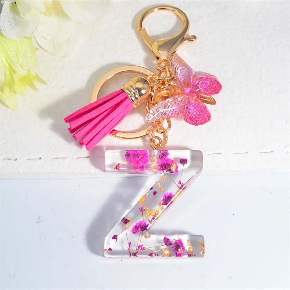 Exquisite Pink Dry Flower Resin 26 Initial Keychain