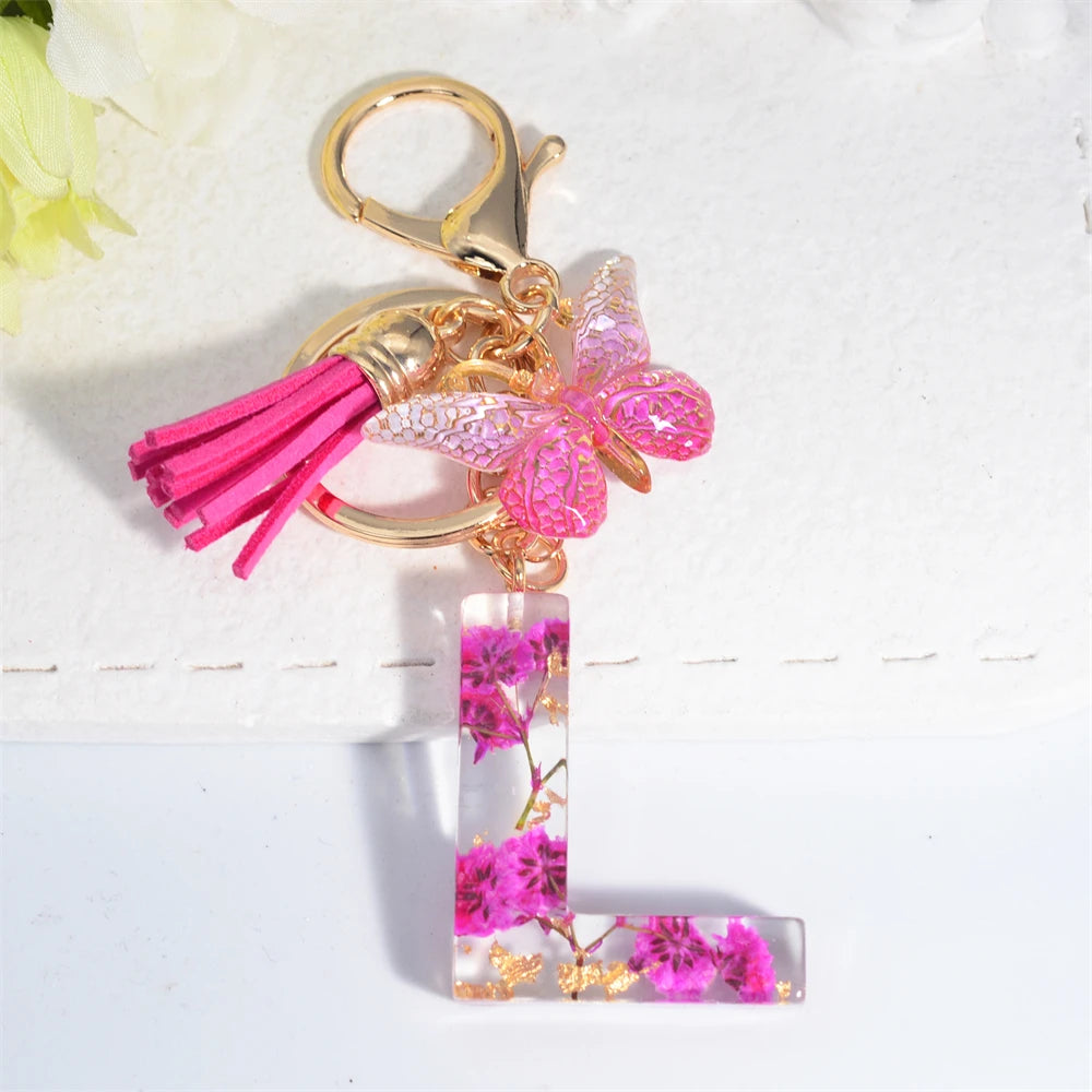 Exquisite Pink Dry Flower Resin 26 Initial Keychain