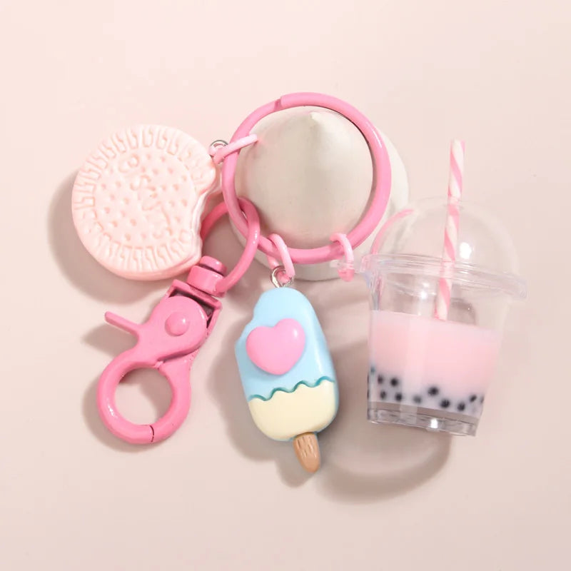 Ice-cream Bubble Tea Biscuit Pink Key Ring